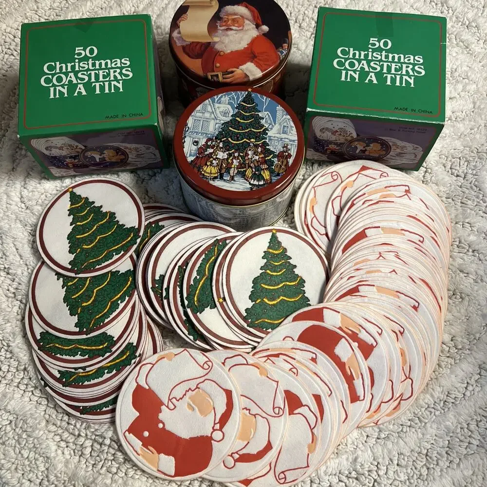 Vintage Set of 100 Paper Coasters Christmas Trees & Santa Claus Drink Party 3.5”